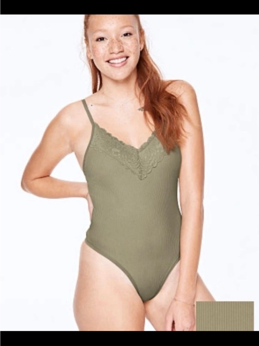 PINK Victoria's Secret Olive Ribbed Lace-Trim Camisole Bodysuit